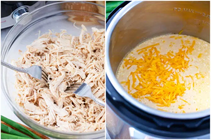 cheddar cheese mixture in the instant pot and shredded chicken in a bowl