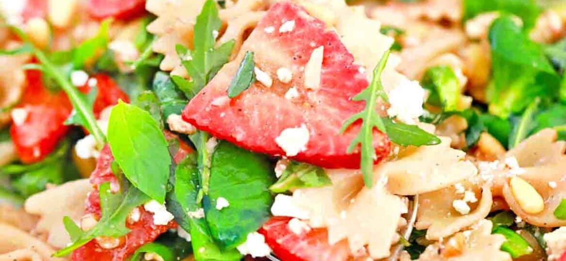 overhead shot of spring strawberry balsamic pasta salad