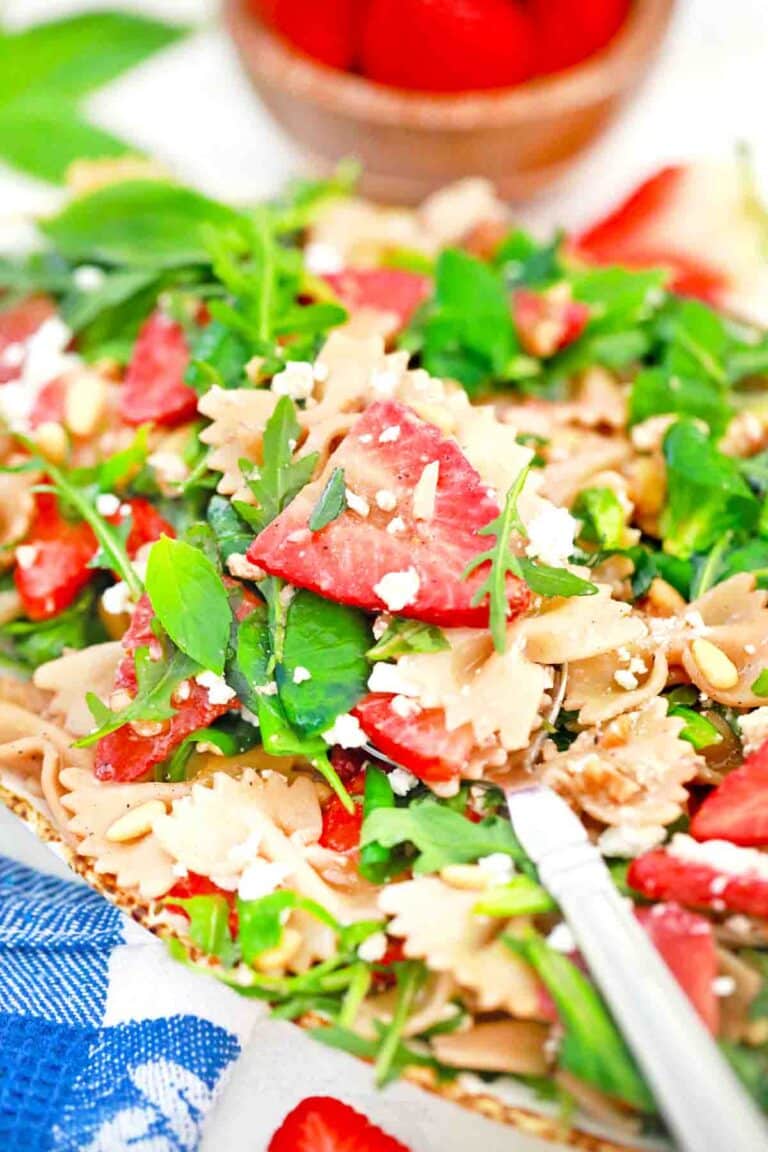 overhead shot of spring strawberry balsamic pasta salad