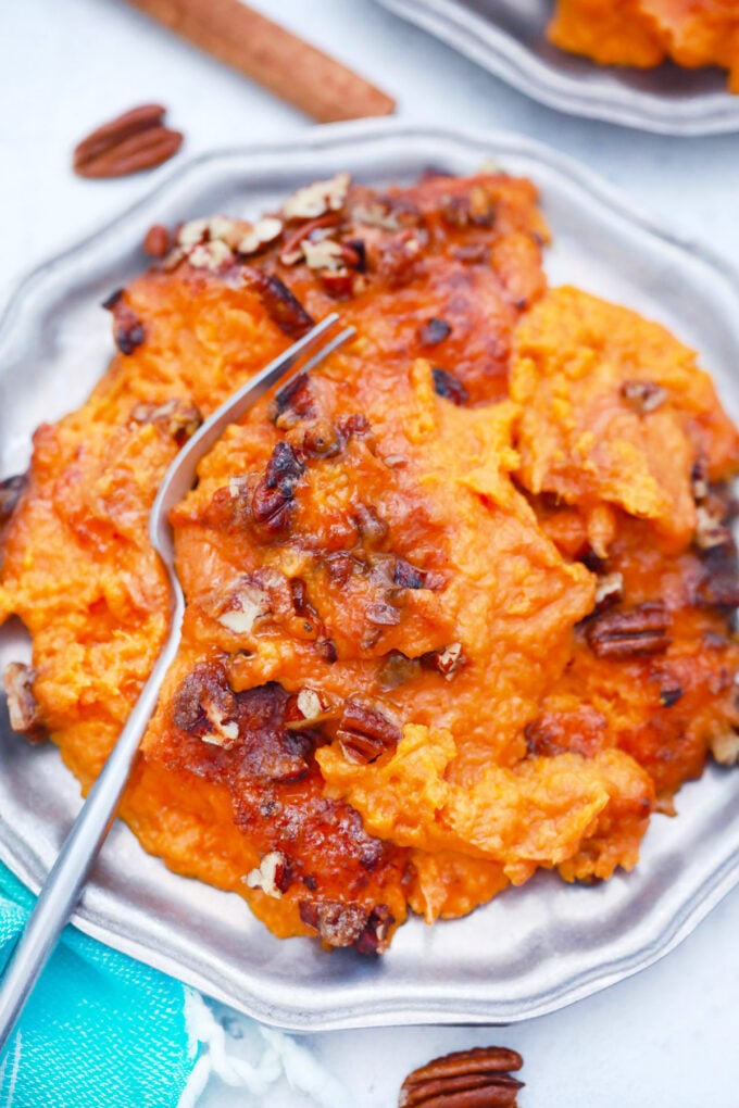 Overhead shot of creamy sweet potato souffle.