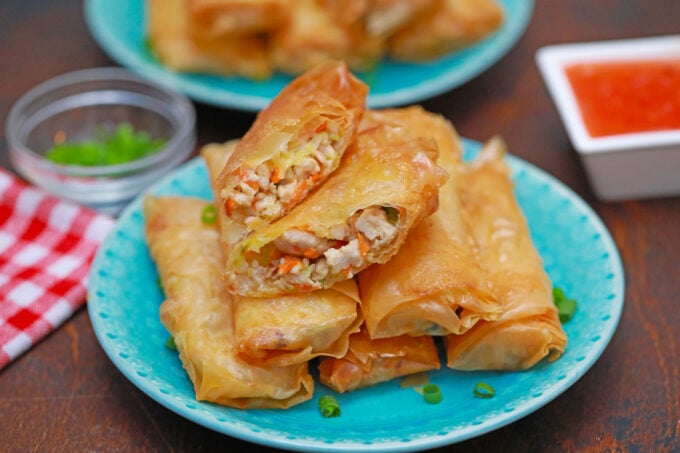 Sliced Panda Express chicken egg rolls.