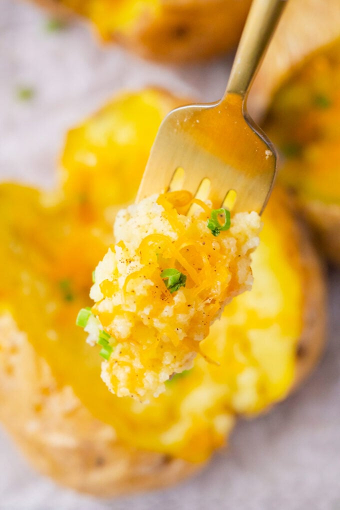 Cheesy microwaved potato on a fork.