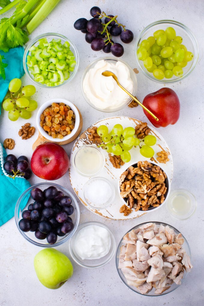 Overhead shot of chicken Waldorf salad recipe ingredients.