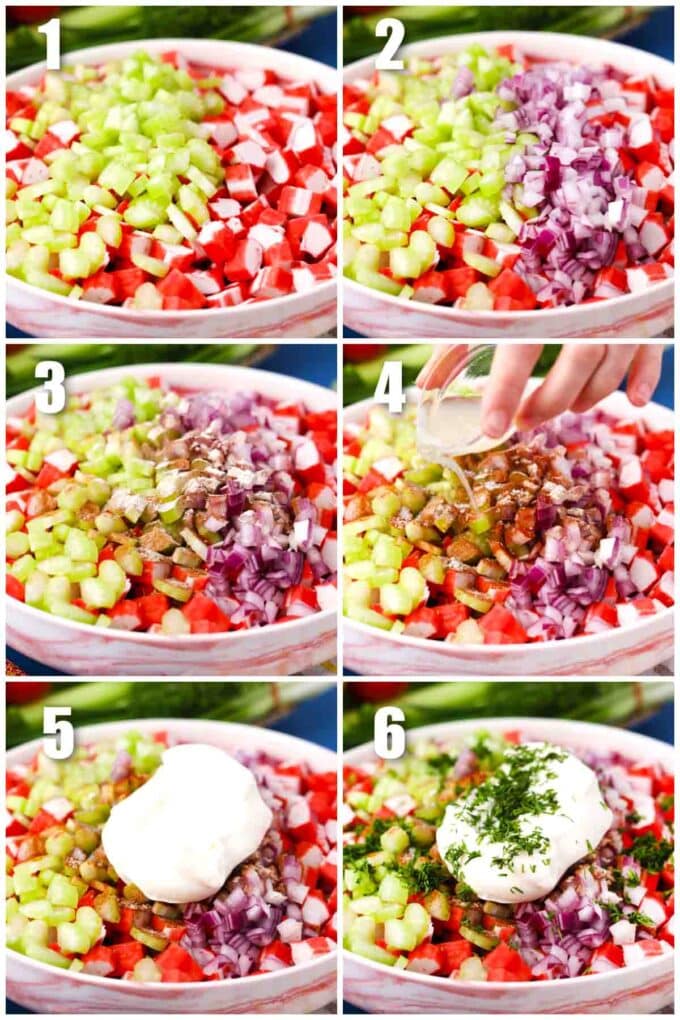 collage how to make homemade crab salad with imitation crab