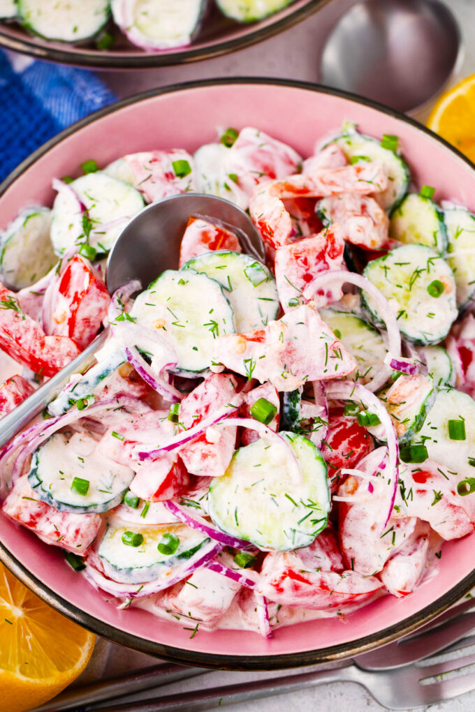 A bowl of creamy cucumber tomato salad.