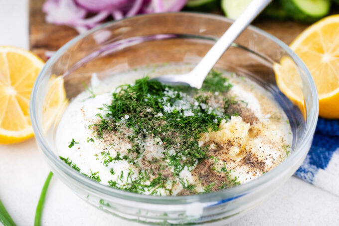 Greek yogurt dressing with dill and garlic.