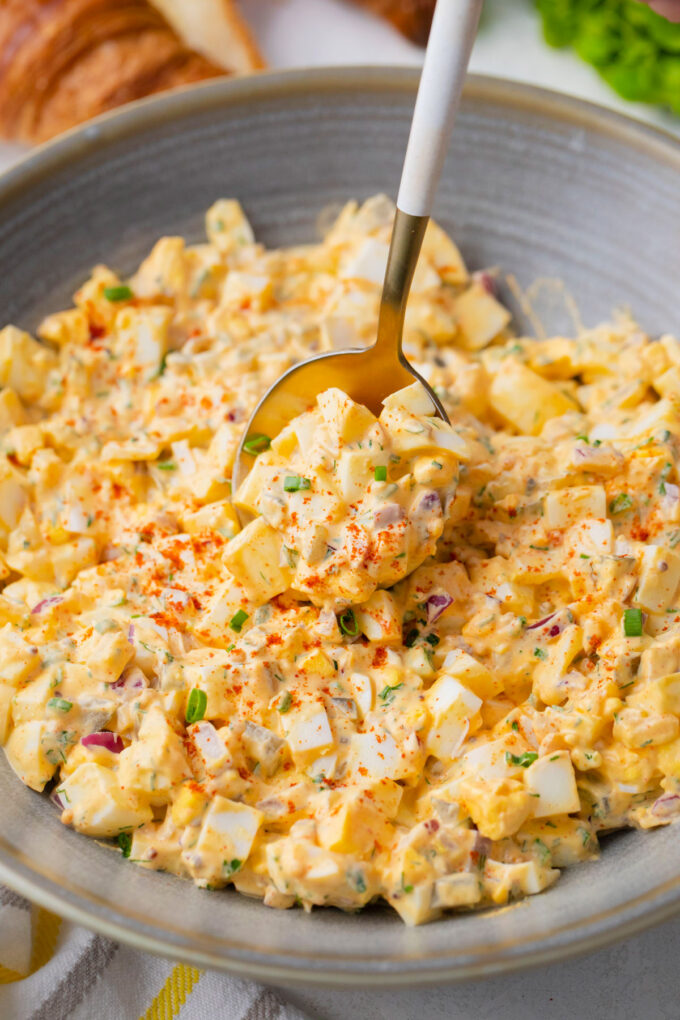 A bowl of creamy homemade egg salad.