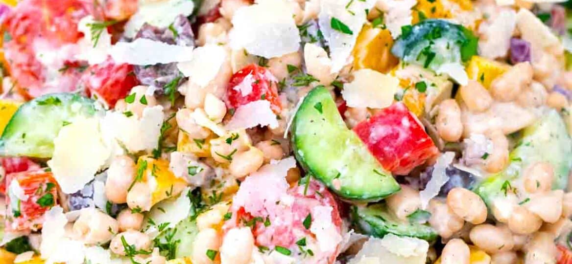 overhead shot of a bowl of crunchy bean salad