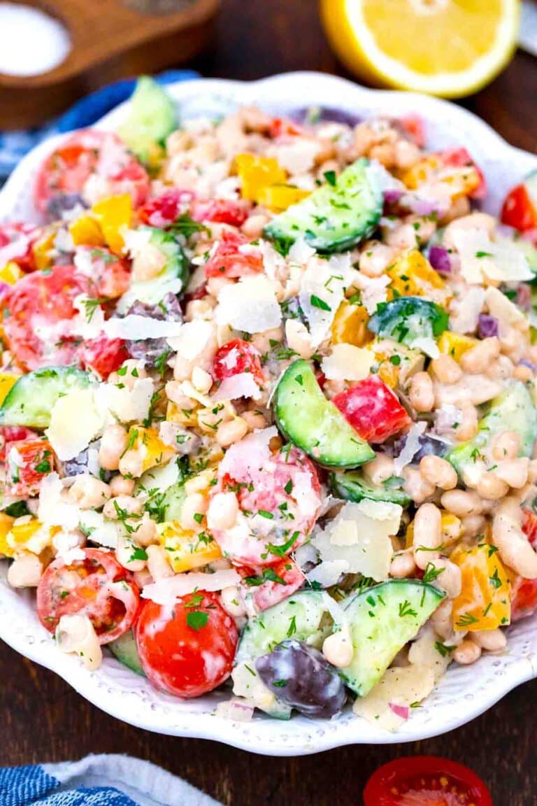 overhead shot of a bowl of crunchy bean salad