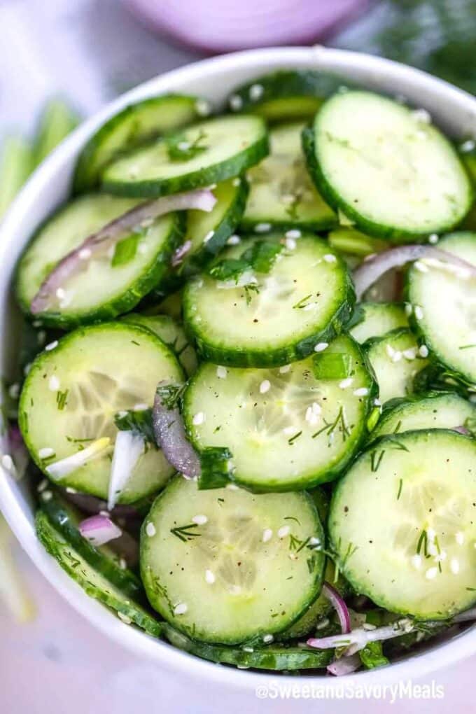Cucumber salad with red onion.