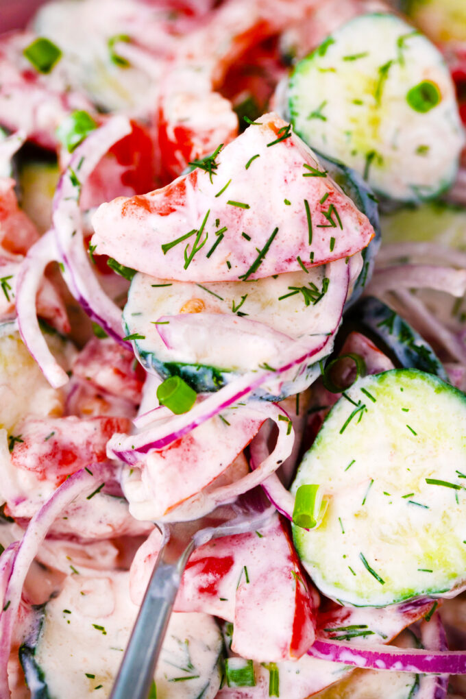 Close shot of creamy cucumber tomato salad.