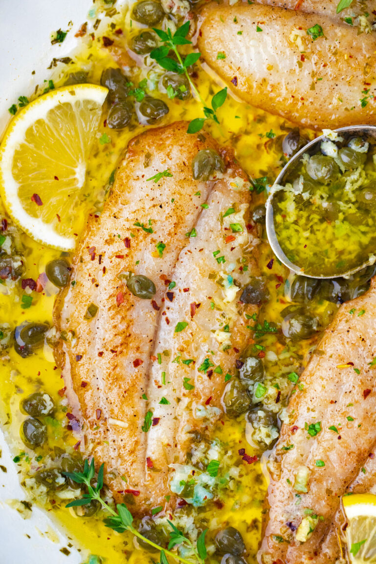 Close shot of lemon garlic butter swai fish.