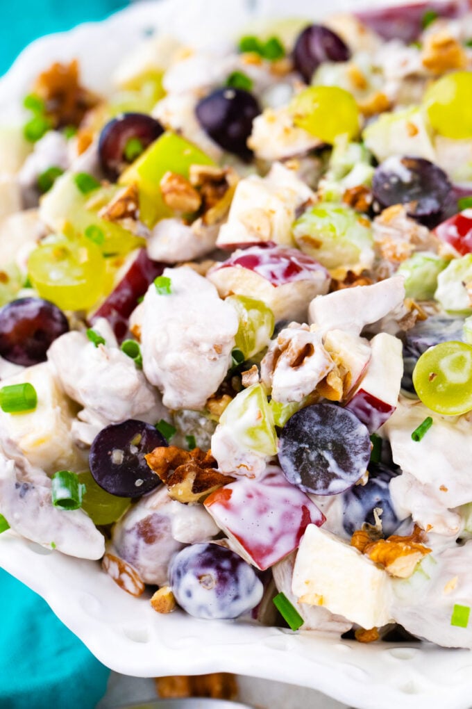 Chicken Waldorf salad with fruits and nuts.