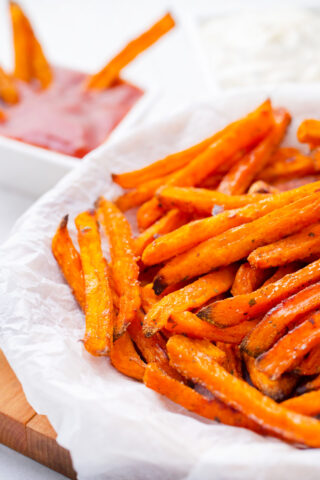 A plate of homemade oven roasted sweet potato fries.