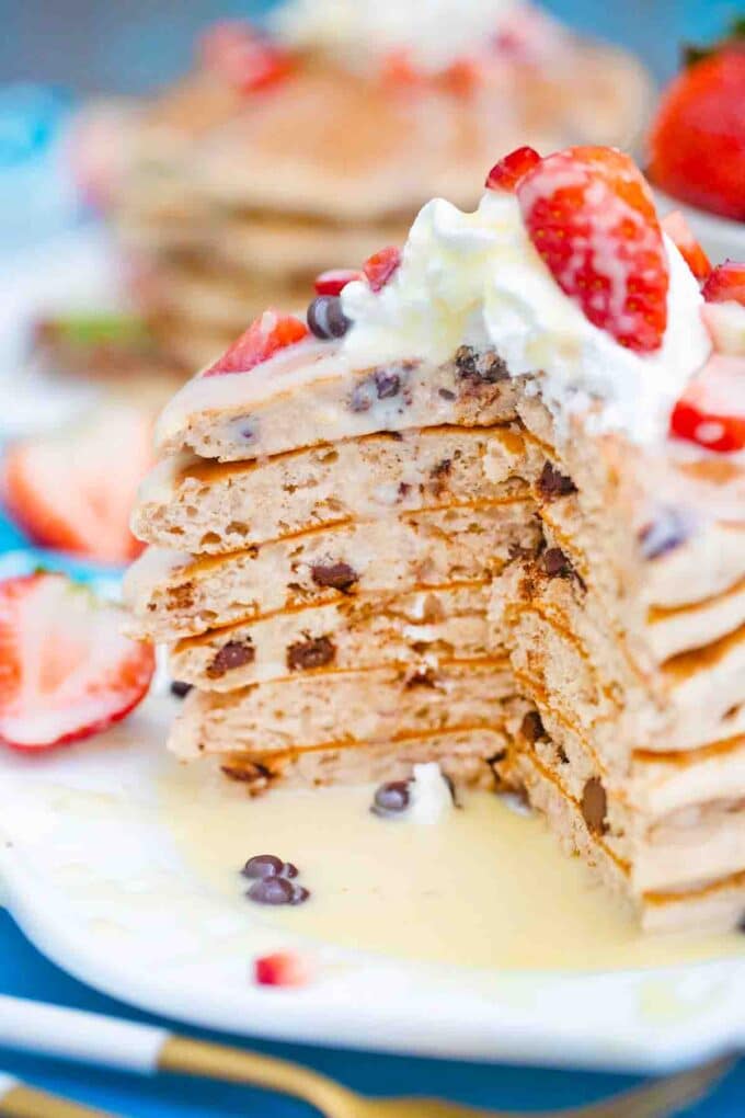 sliced stack of tres leches pancakes