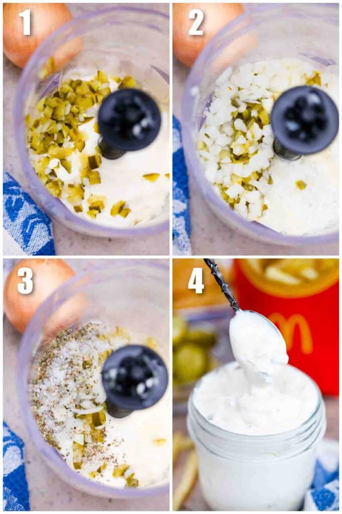 photo collage of steps how to make homemade McDonald's tartar sauce recipe