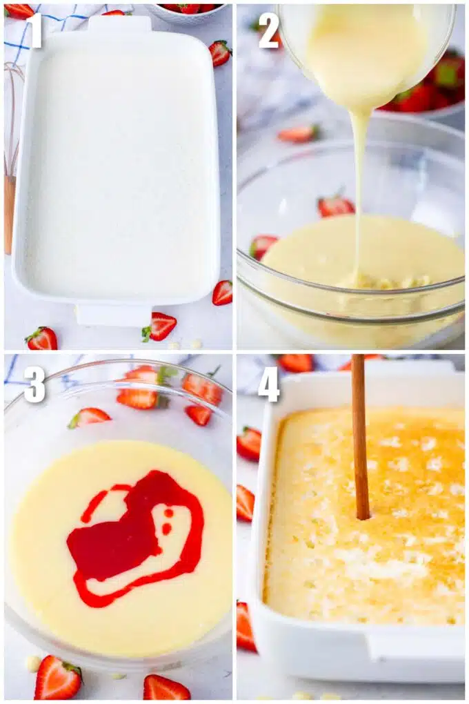 collage of four photos showing how to make a poke cake
