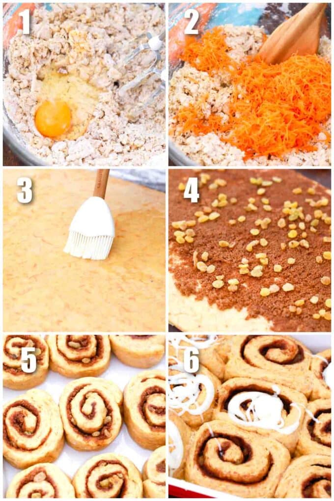 photo collage of steps how to make carrot cake cinnamon rolls