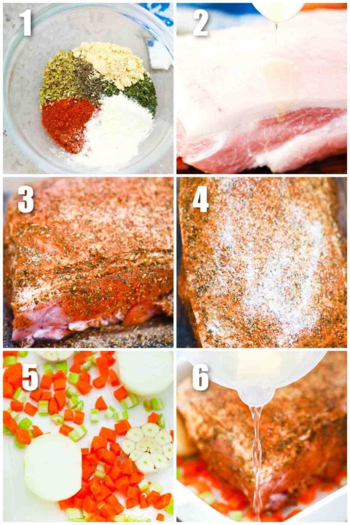 photo collage of steps how to make crispy pork roast