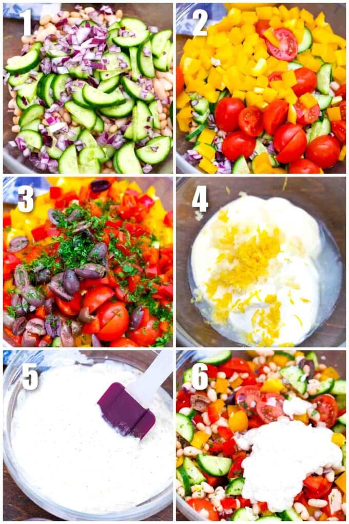 photo collage of steps how to make crunchy bean salad