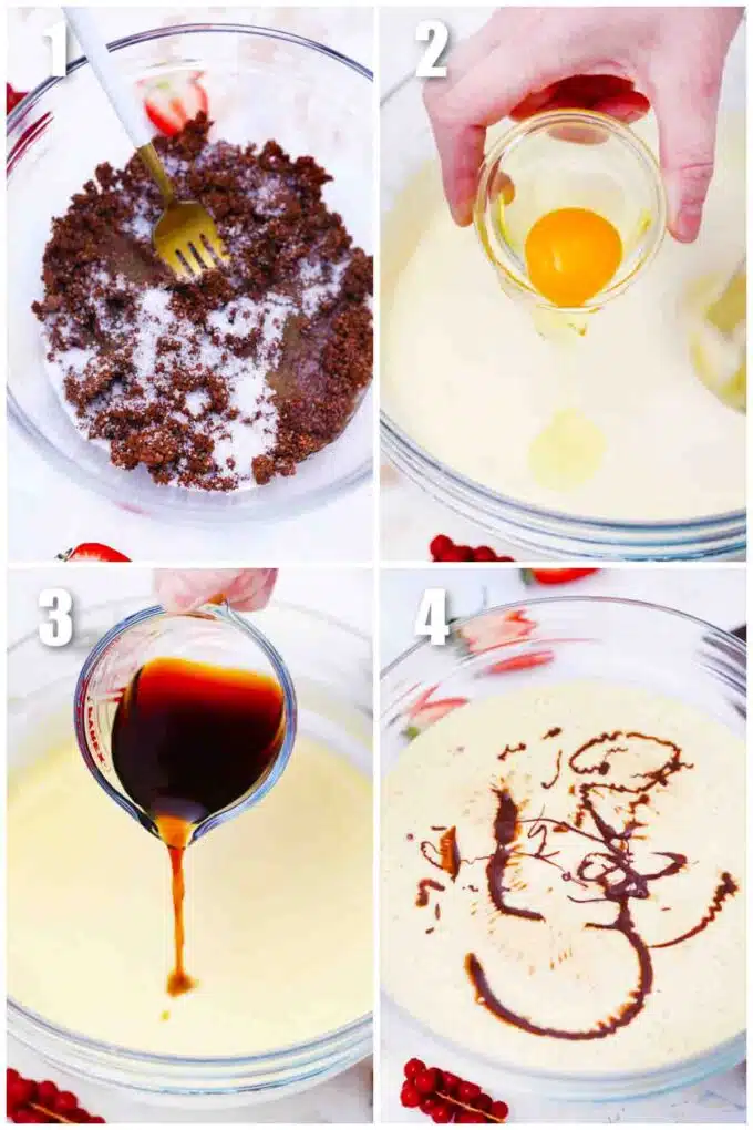 photo collage of steps how to make godiva chocolate cheesecake recipe