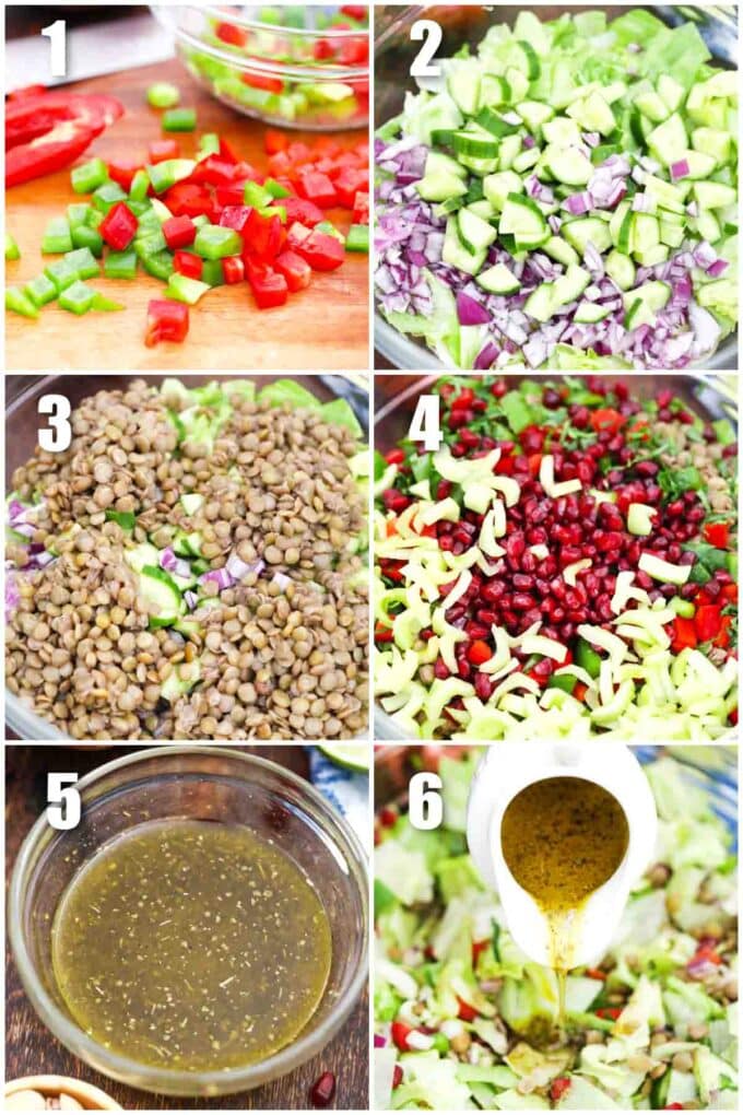 photo collage of steps how to make mediterranean lentil salad