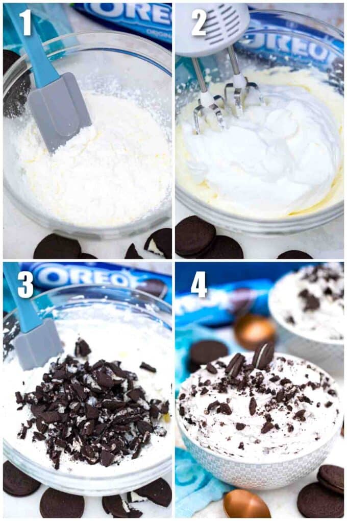 photo collage of steps how to make oreo fluff