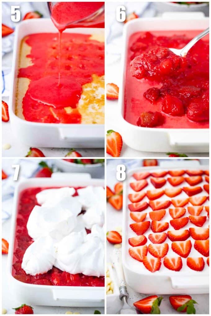 collage of four photos showing how to make strawberry poke cake