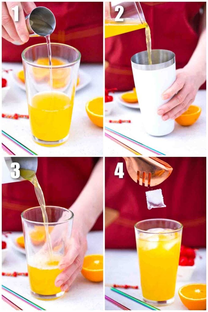 photo collage of steps how to make tequila sunrise
