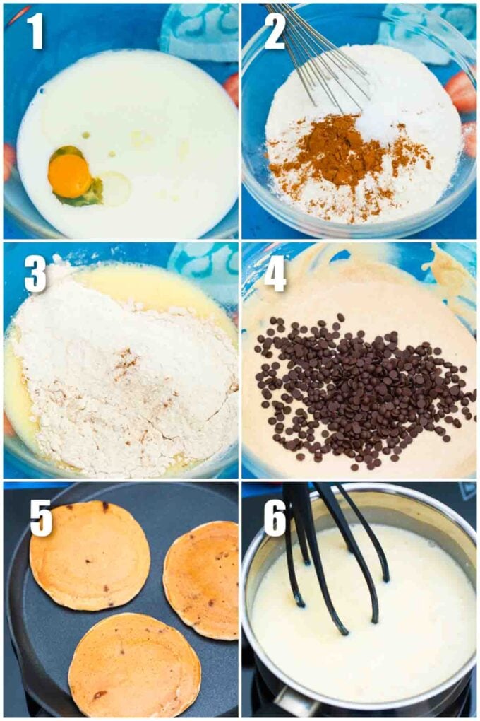 photo collage of steps how to make tres leches pancakes