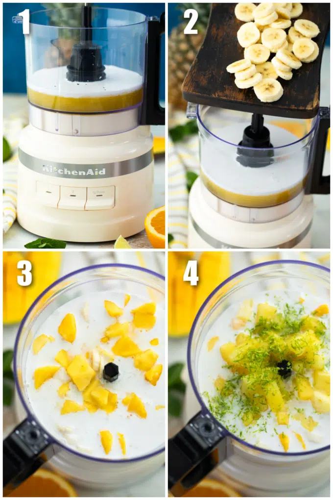 collage of four photos showing how to make tropical smoothie in a blender