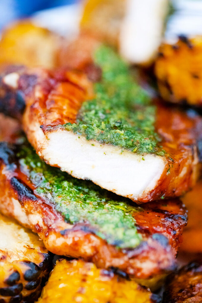 Sliced lemon chimichurri pork chops.