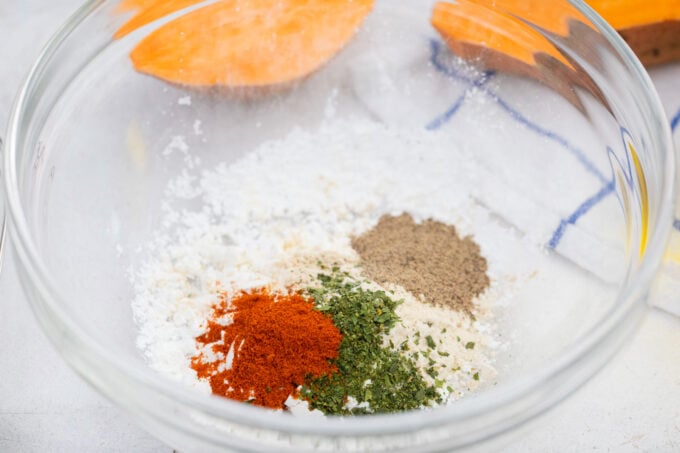 Seasoning blend for homemade oven roasted sweet potato fries.