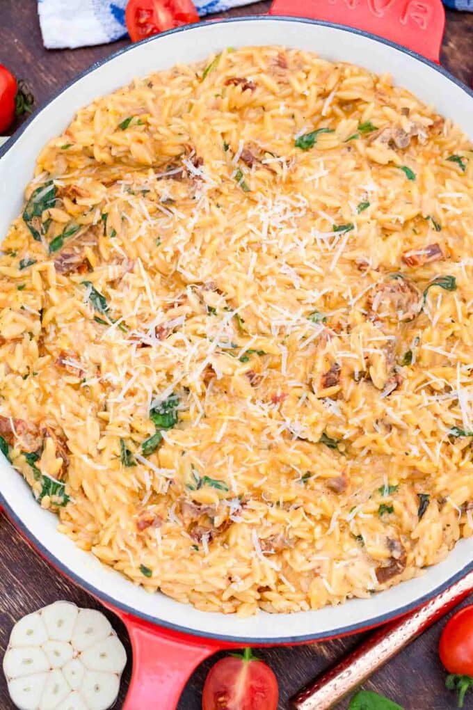 overhead shot of one pan creamy tuscan orzo