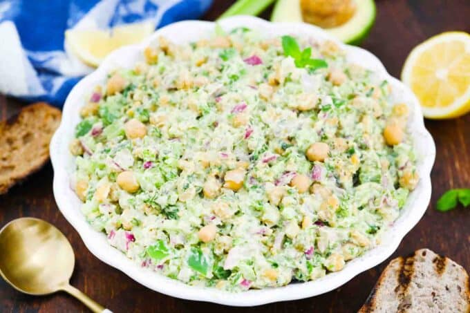 a bowl of smashed chickpea salad