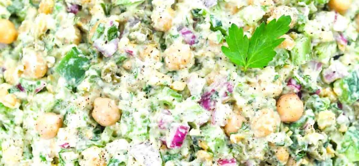 overhead shot of creamy smashed chickpea salad