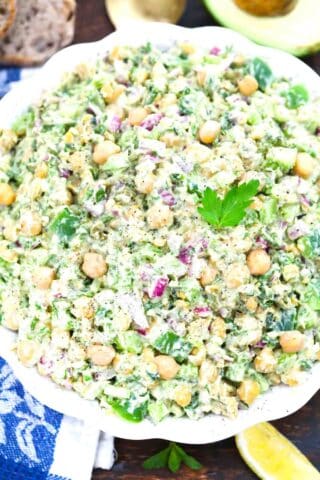 overhead shot of creamy smashed chickpea salad