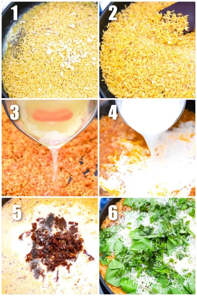 photo collage of steps how to make creamy tuscan orzo
