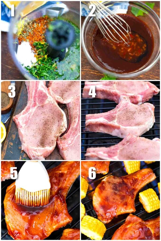 photo collage of steps how to make lemon chimichurri pork chops