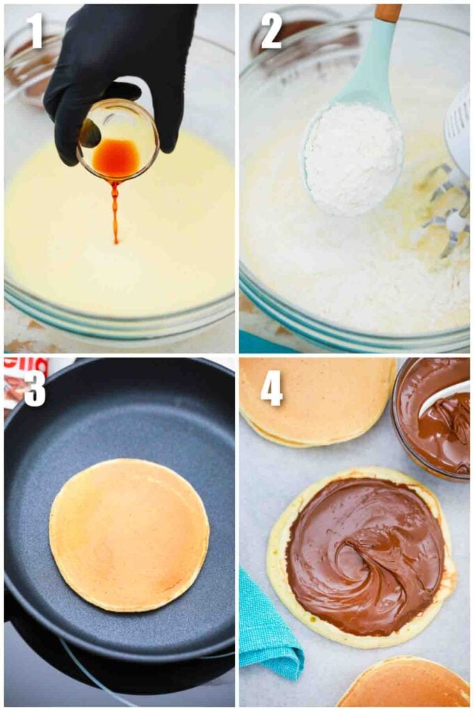 photo collage of steps how to make nutella pancake sandwiches