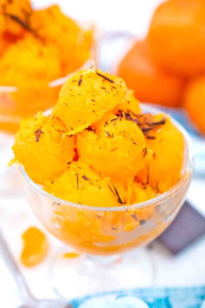 tangerine sorbet with shaved chocolate on top