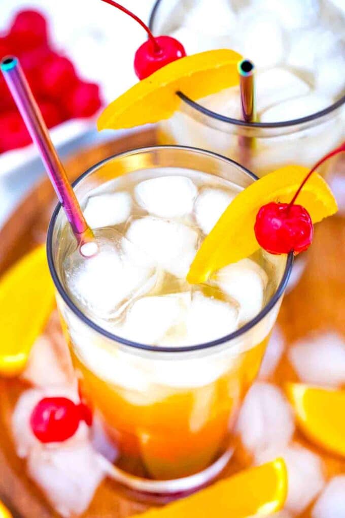 overhead shot of homemade tequila sunrise cocktails