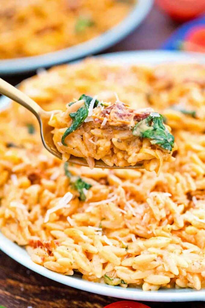 a forkful of creamy tuscan orzo