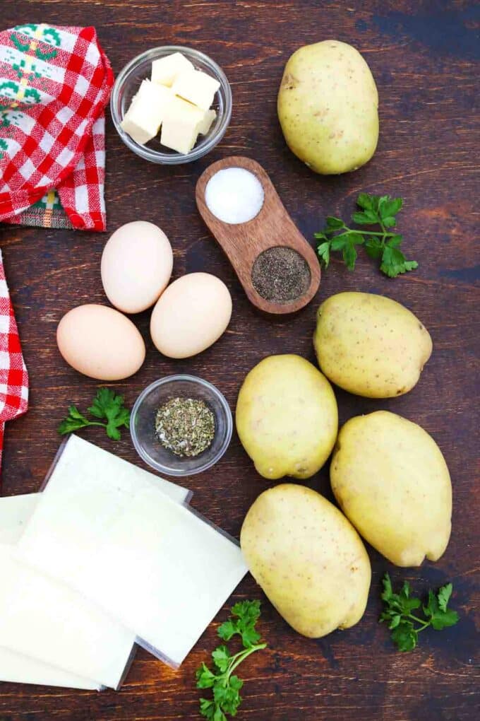 overhead shot of ingredients for 3 Potatoes 3 Eggs recipe