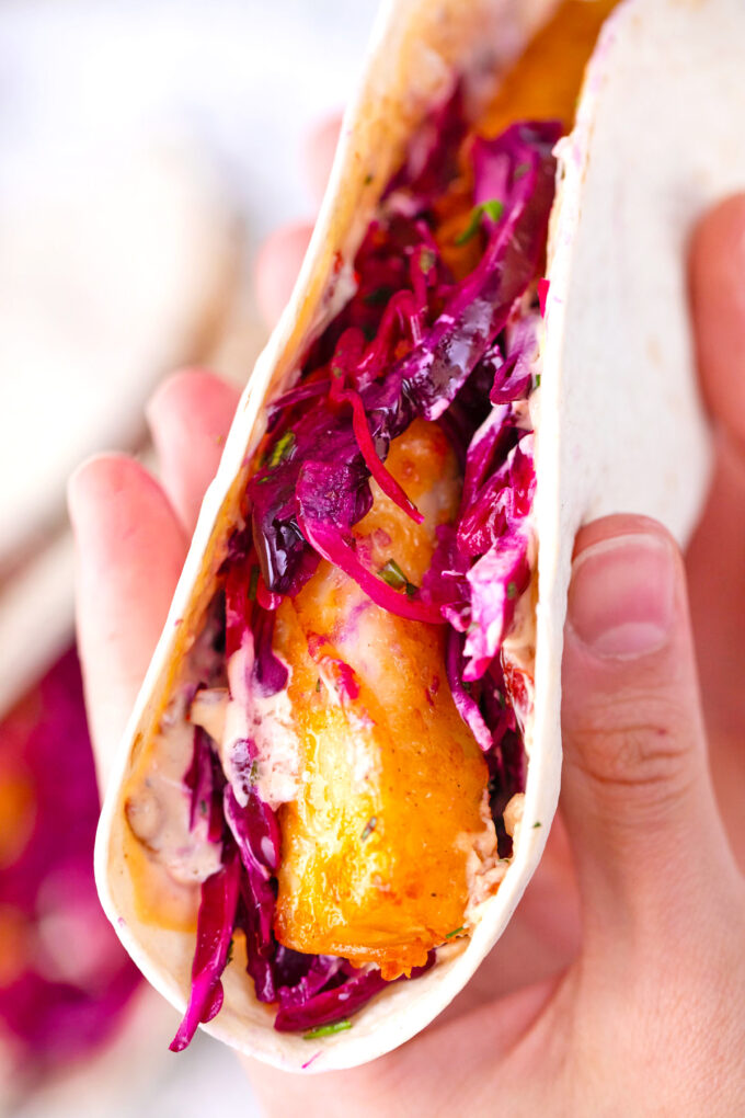 Holding a Baja fish taco in a flour tortilla with slaw and Chipotle sauce.
