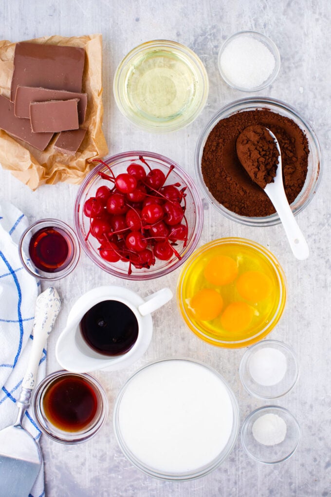 Overhead shot of cherry black forest cake recipe ingredients.