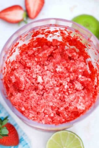 blending strawberry sorbet ingredients