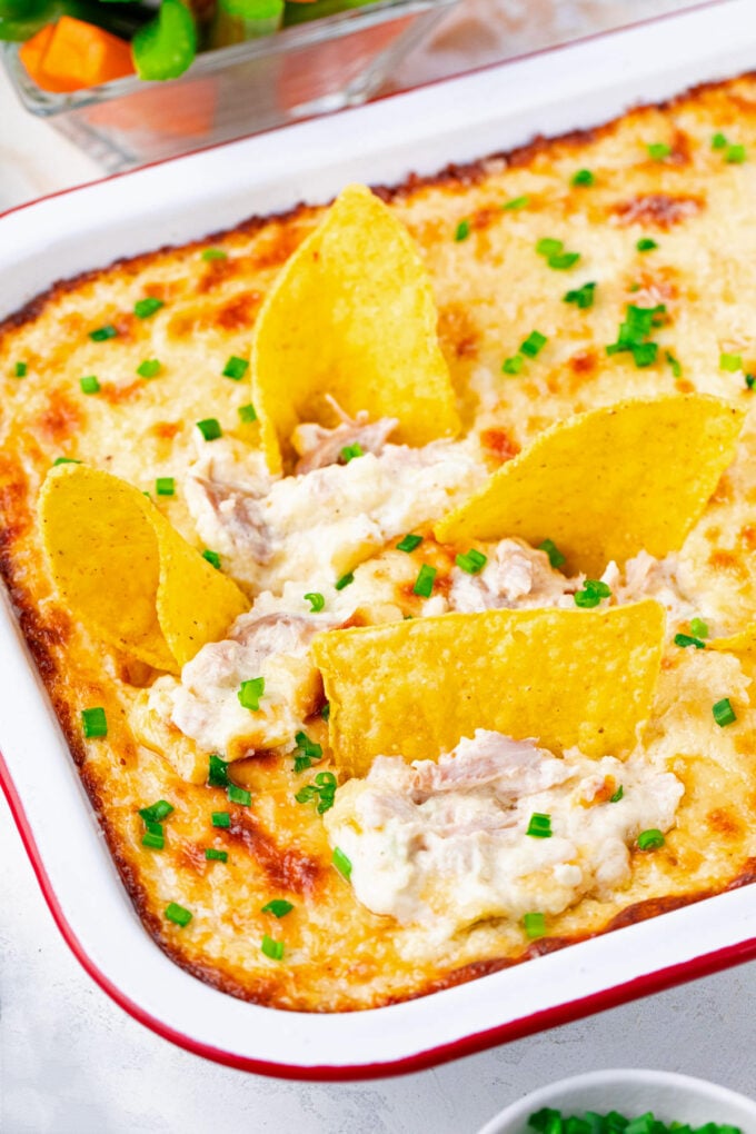 Overhead shot of homemade chicken Caesar dip with corn chips.