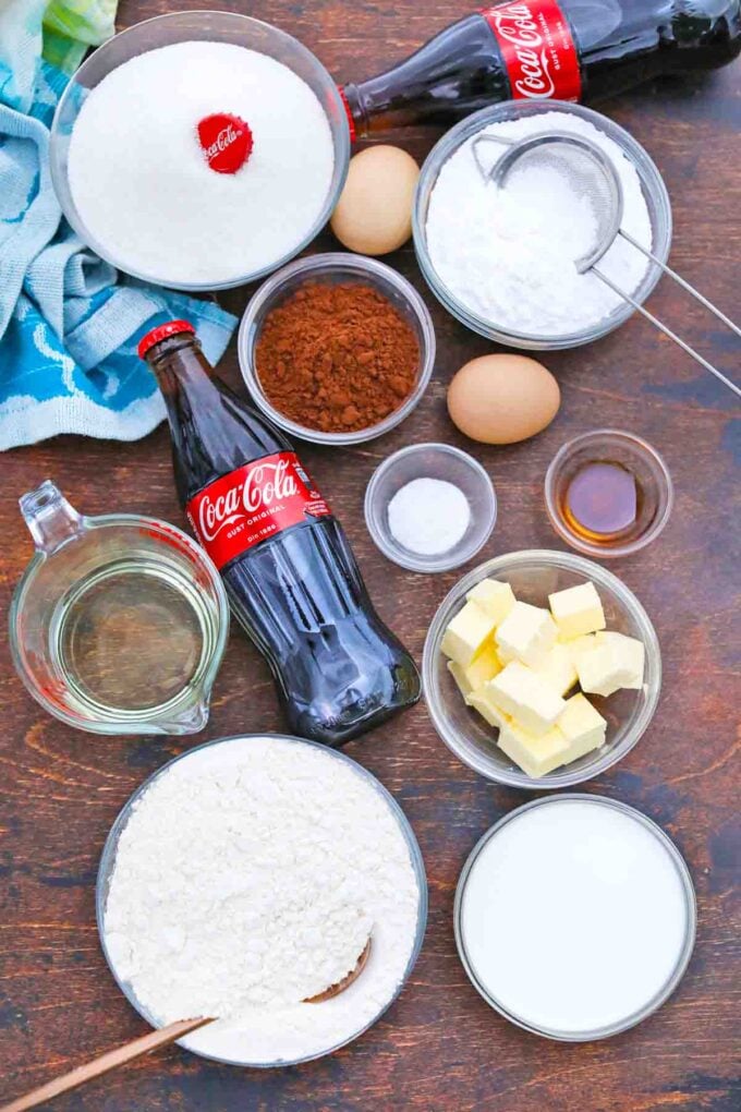 overhead shot of ingredients needed to make cracker barrel coca cola cake