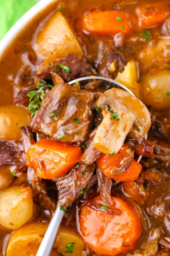 A spoonful of very tender Instant Pot beef stew.
